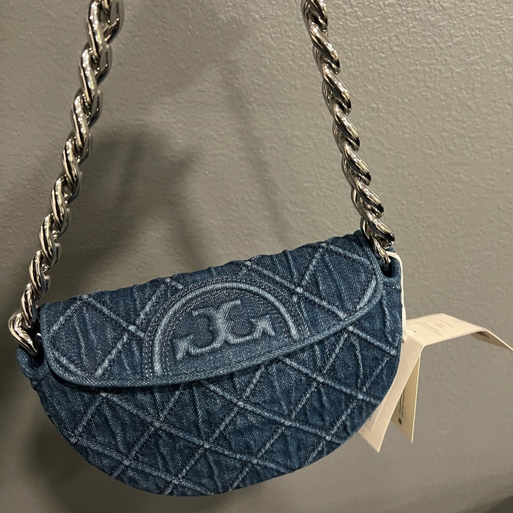 Authentic Tory Burch The Mini Fleming Soft Denim Crescent Bag. Brand New.